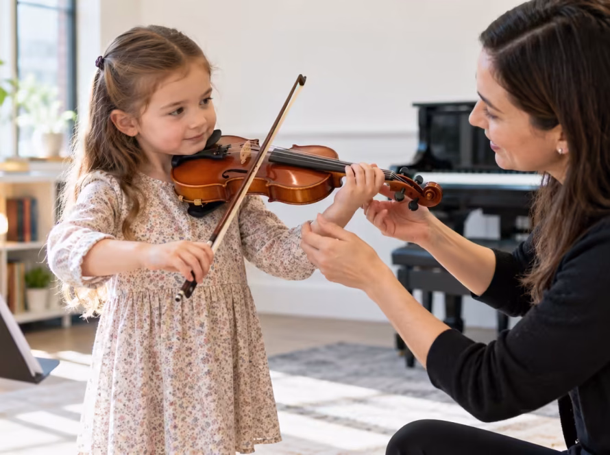 Young child learning violin with a teacher during a private lesson at K&M Music School in San Diego.
