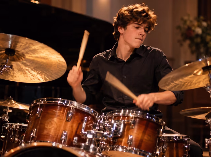Teen drummer performing on a full drum kit at K&M Music School in San Diego.